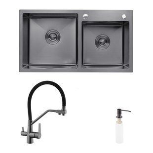 Комплект кухонної мийки Kroner Schwarze‑7843ZHM PVD + змішувач Edelstahl Klassisch‑PVD03817BLK + дозатор Spender‑026 KRS7843ZHMPVDPVD03817BLKSP026 фото
