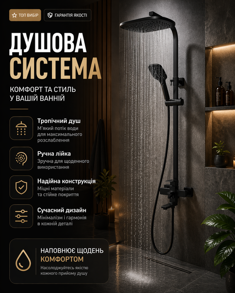 Душова система зовнішнього монтажу квадратної форми з виливом, чорна матова 022979 фото