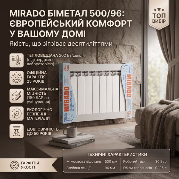 Біметалевий радіатор опалення Mirado 500/96 25887 фото